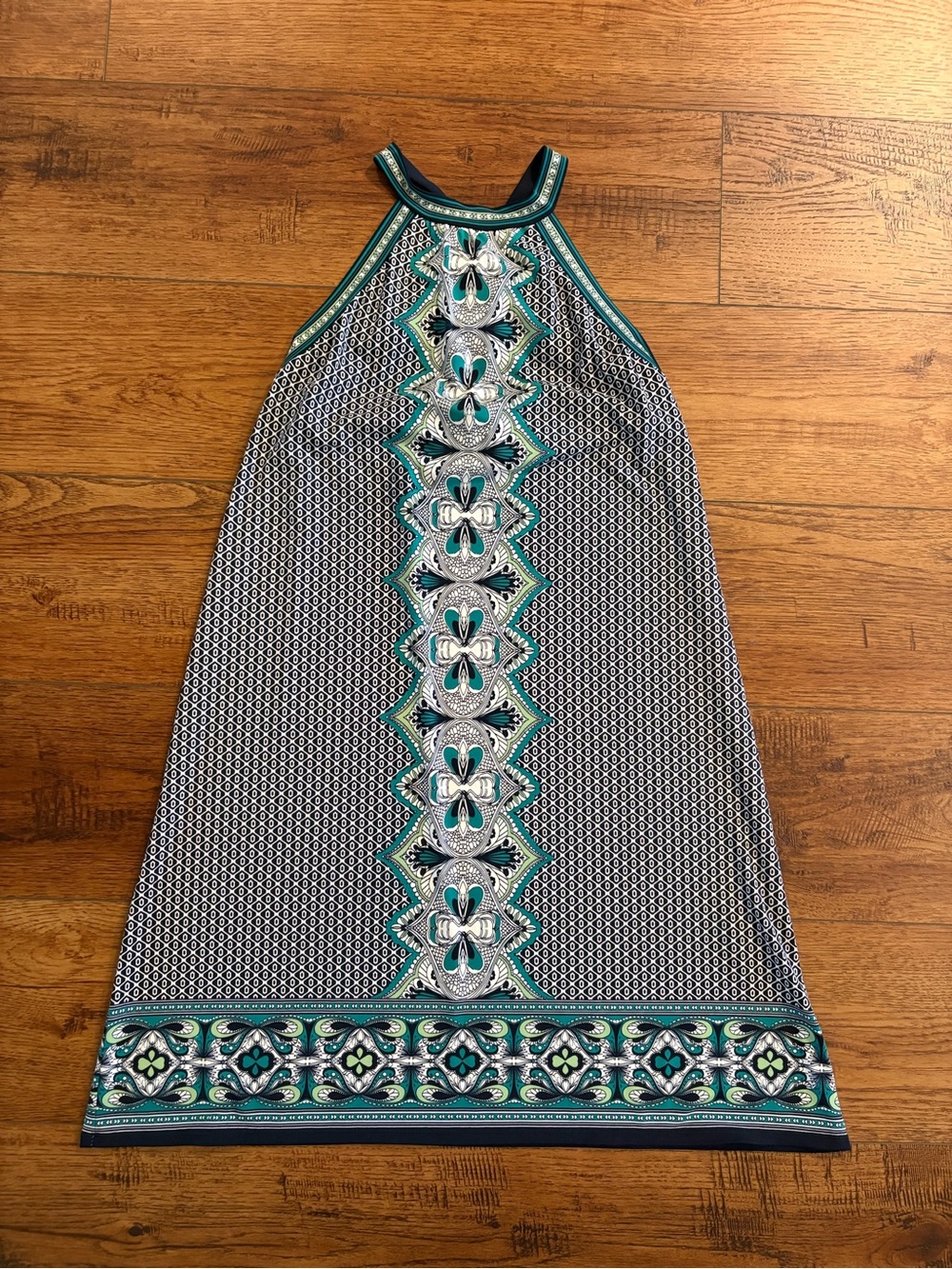 Max Edition Halter Sundress Blue Teal Geometric Print Shelf Bra Size M
